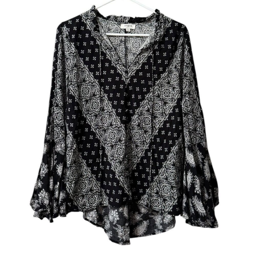Umgee Mini Dress Tunic Top Women Small Boho Paisley Bell Sleeves Artsy Flowing